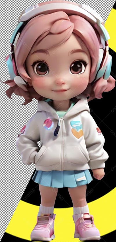 Personagem 3D infantil criança menina fone de ouvido