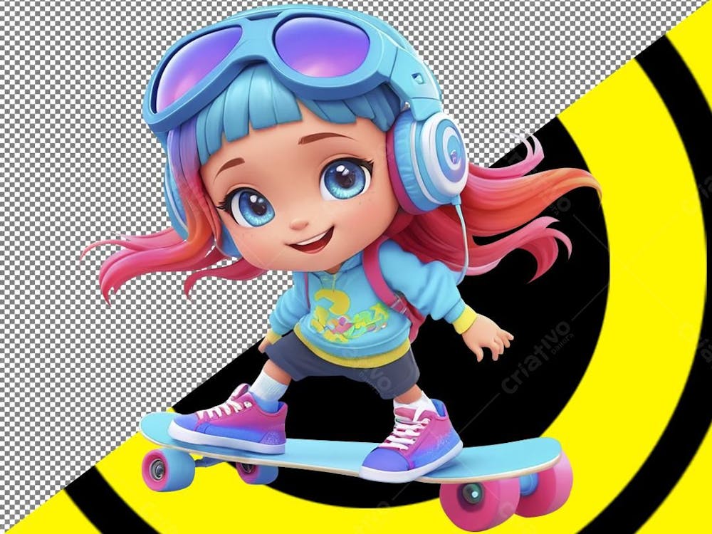 Menina Skate 3D , cabelo colorido, Pìxar