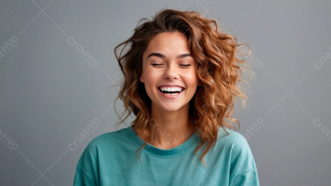 Mulher rindo cabelo cacheado fundo cinza