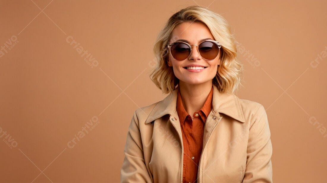 Mulher loira sorrindo com óculos escuros