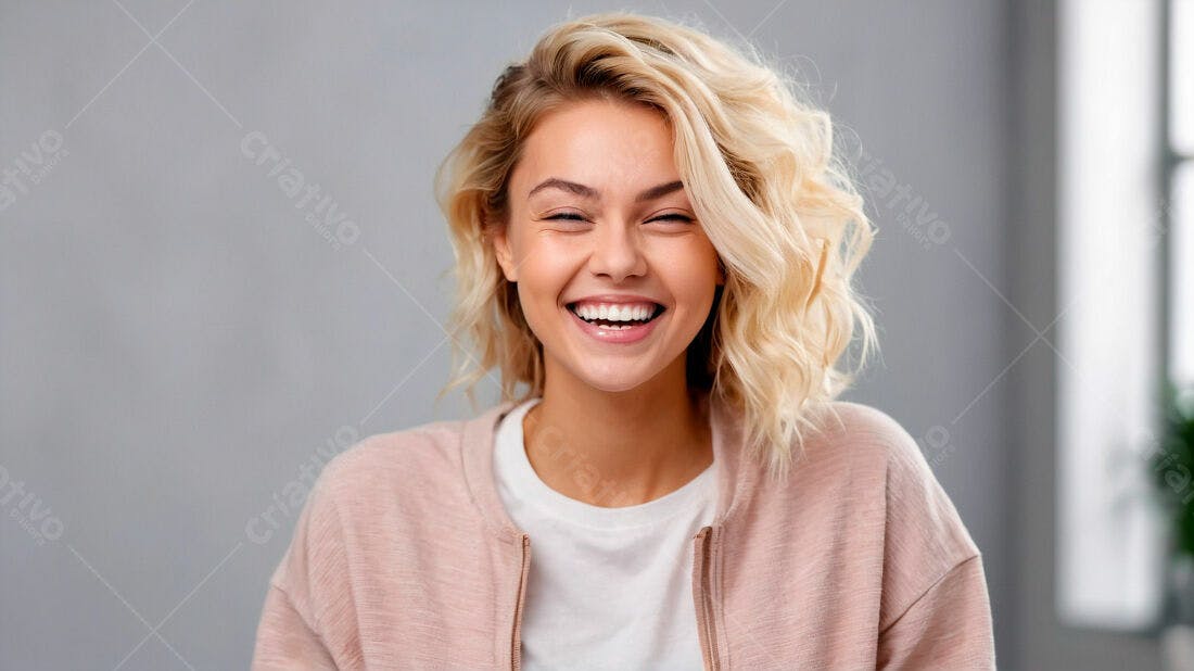Mulher loira rindo alegremente