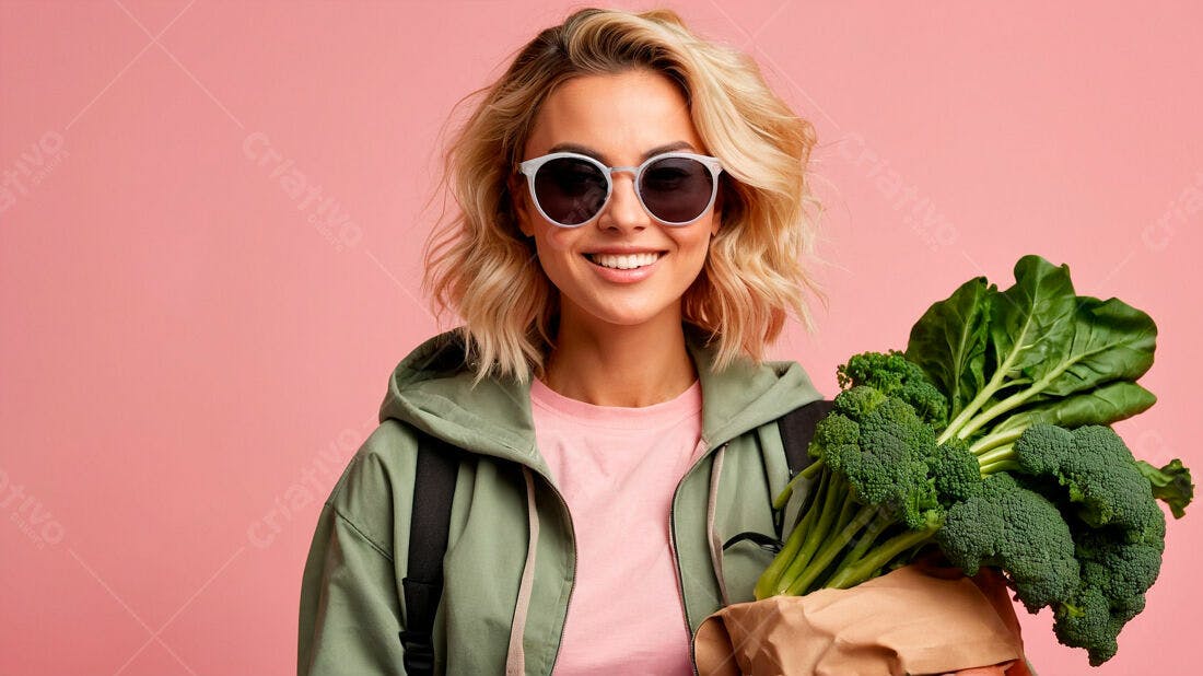 Mulher sorridente com brócolis e acelga