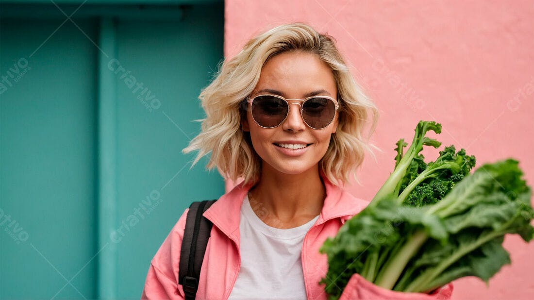 Mulher loira com verduras orgânicas