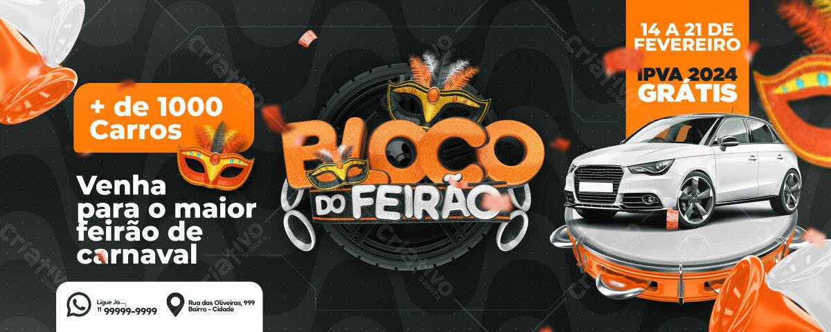 Flyer para Feirão de Carnaval com IPVA Grátis PSD Editável