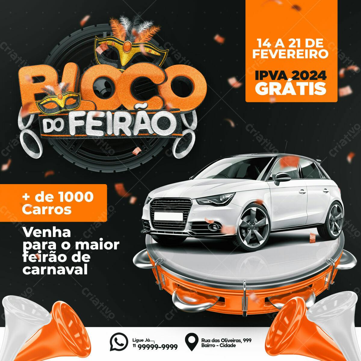 Flyer para Feirão de Carnaval com IPVA Grátis PSD Editável