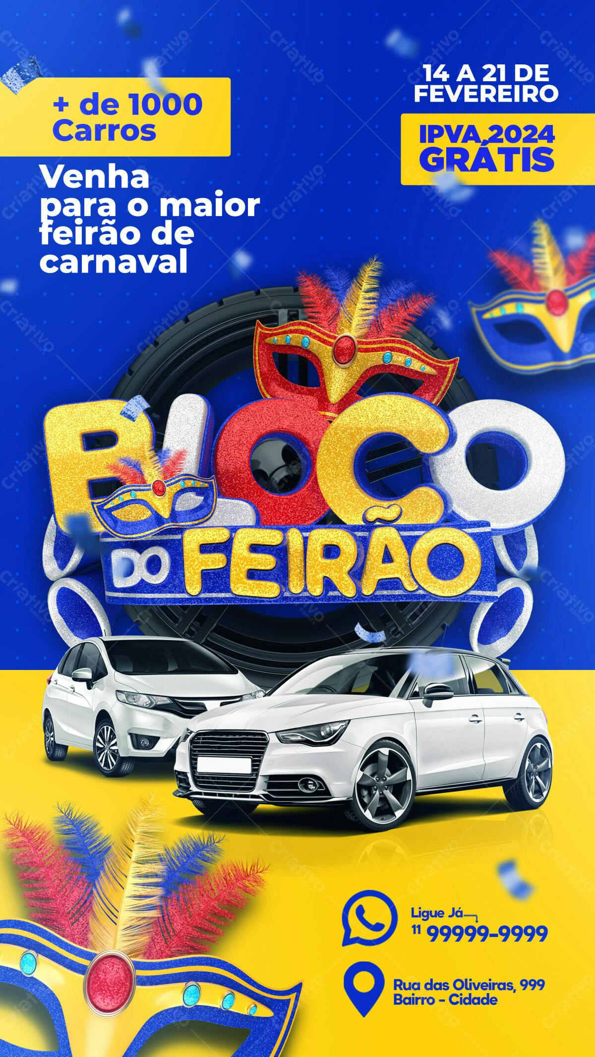 Flyer Feirão de Carnaval com IPVA Grátis PSD Editável