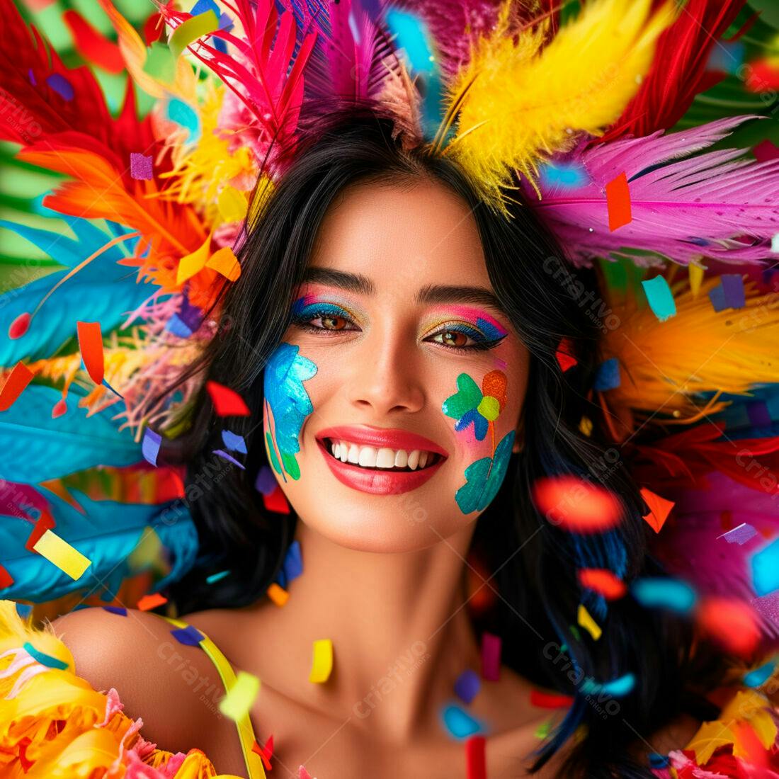 Mulher sorridente com maquiagem e penas vibrantes no Carnaval