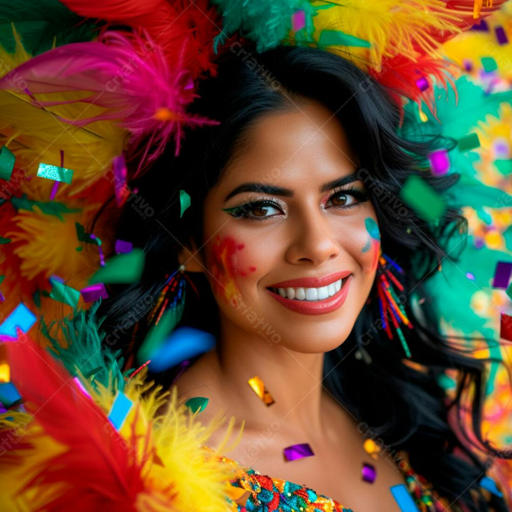 Mulher De Cabelo Preto Com Penas Multicoloridas Para Carnaval 3