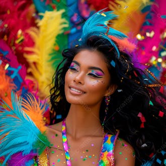 Mulher de cabelo preto com penas multicoloridas para carnaval 4