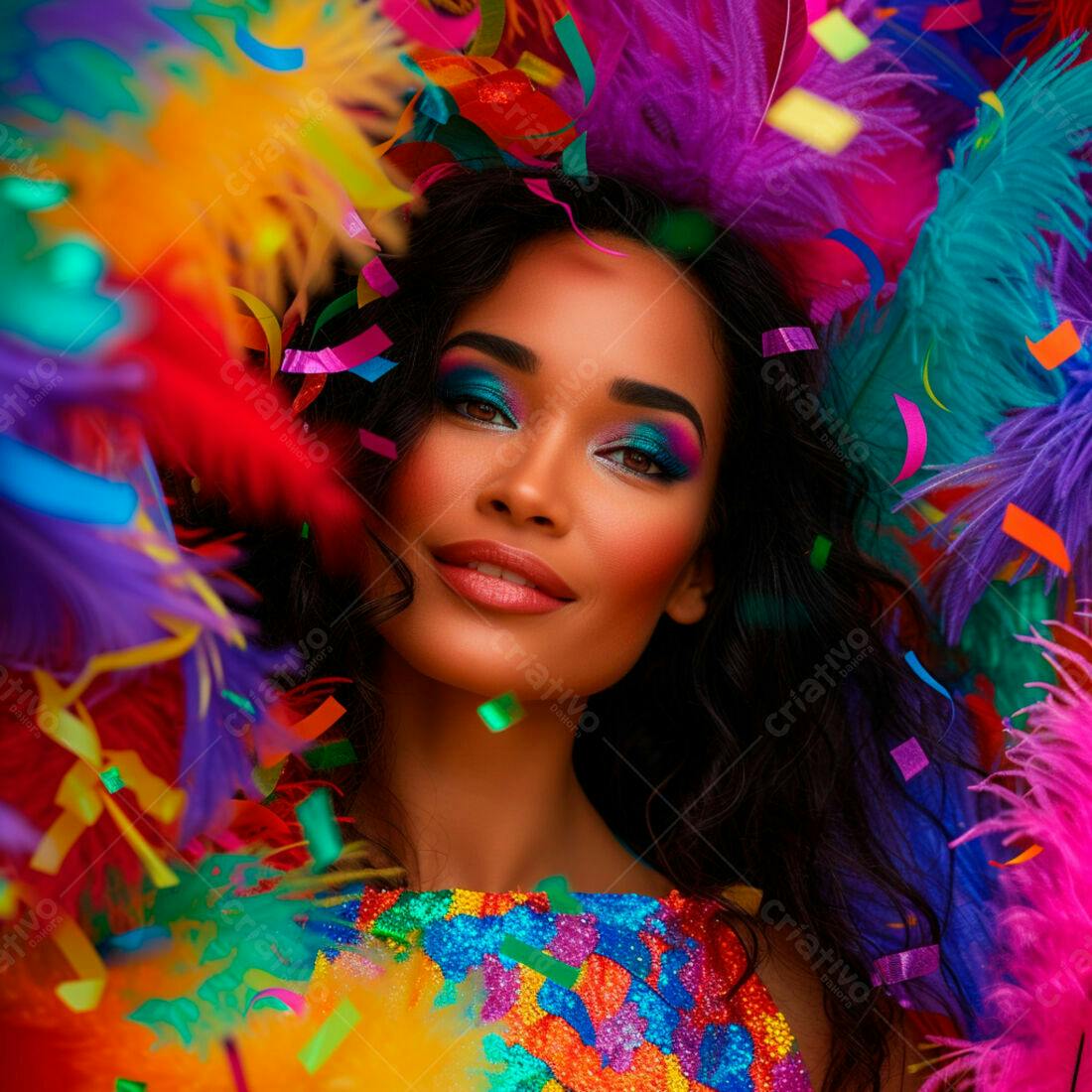Mulher Carnavalesca em Festa com Penas e Confetes