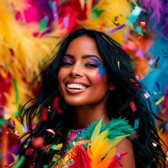 Mulher de cabelo preto com penas multicoloridas para carnaval 6