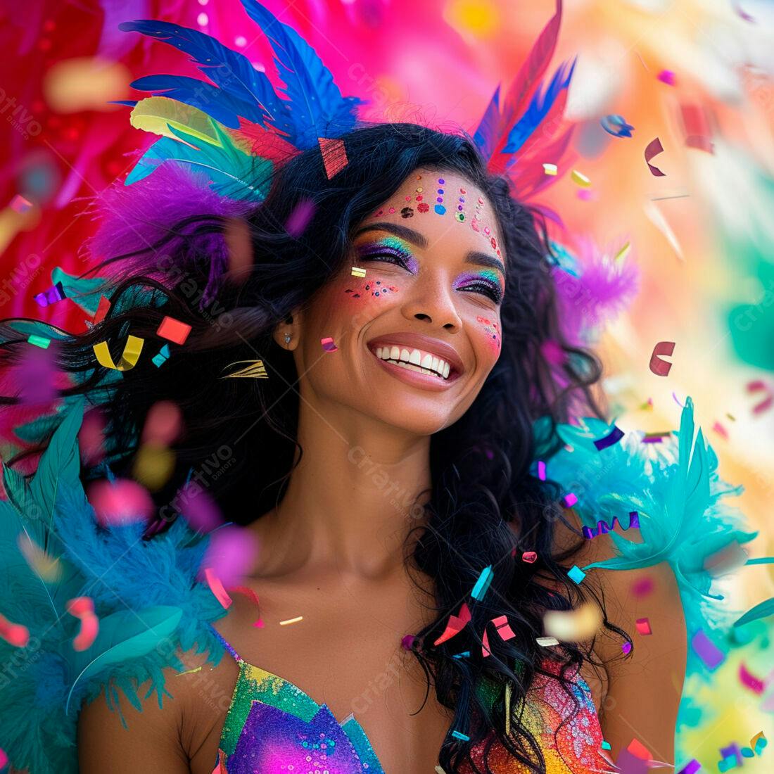 Mulher feliz em Carnaval com penas e confetes