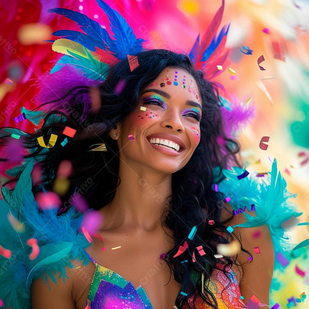 Mulher De Cabelo Preto Com Penas Multicoloridas Para Carnaval 7