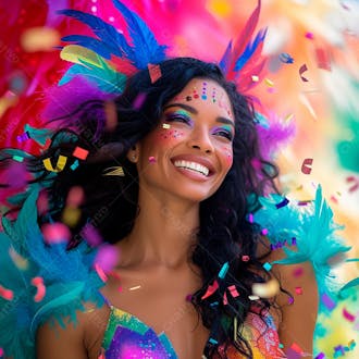 Mulher de cabelo preto com penas multicoloridas para carnaval 7
