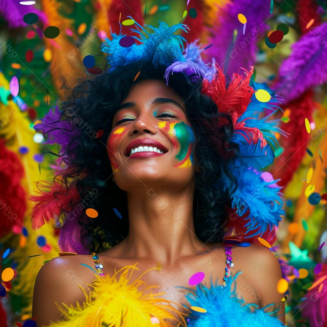 Mulher alegre em festa com penas e confetes