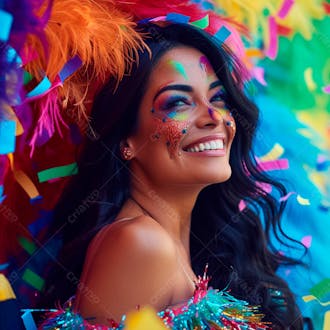 Mulher de cabelo preto com penas multicoloridas para carnaval 9