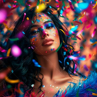 Mulher De Cabelo Preto Com Penas Multicoloridas Para Carnaval 12