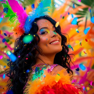 Mulher de cabelo preto com penas multicoloridas para carnaval 13