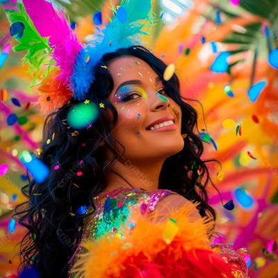 Mulher De Cabelo Preto Com Penas Multicoloridas Para Carnaval 13