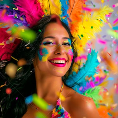 Mulher de cabelo preto com penas multicoloridas para carnaval 14