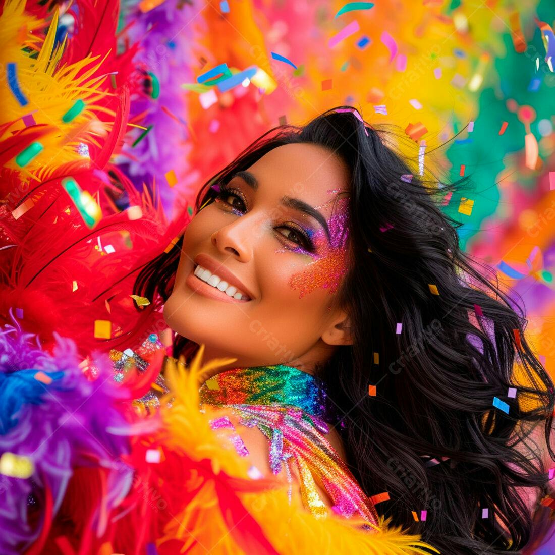 Mulher sorridente em Carnaval com penas coloridas