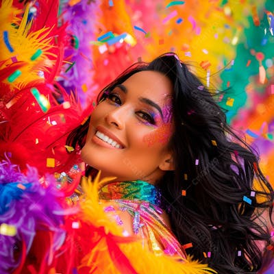 Mulher De Cabelo Preto Com Penas Multicoloridas Para Carnaval 15