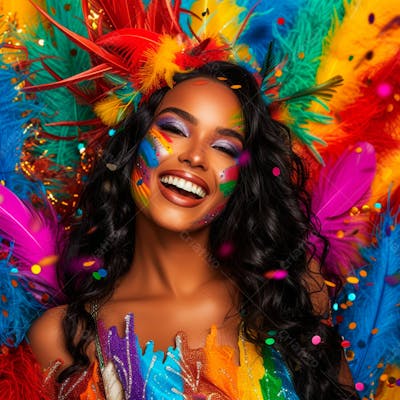 Mulher De Cabelo Preto Com Penas Multicoloridas Para Carnaval 16