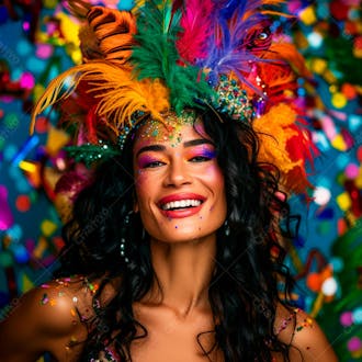 Mulher de cabelo preto com penas multicoloridas para carnaval 17