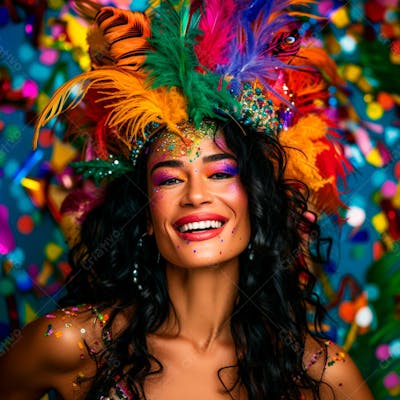 Mulher De Cabelo Preto Com Penas Multicoloridas Para Carnaval 17