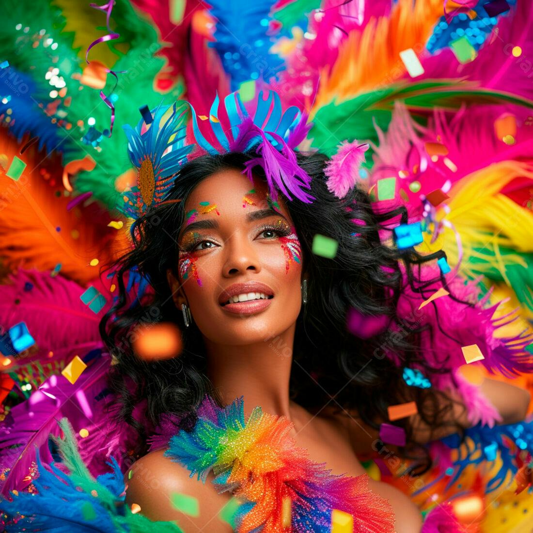 Mulher negra em traje de carnaval com penas vibrantes