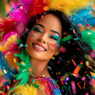 Mulher de cabelo preto com penas multicoloridas para carnaval 19