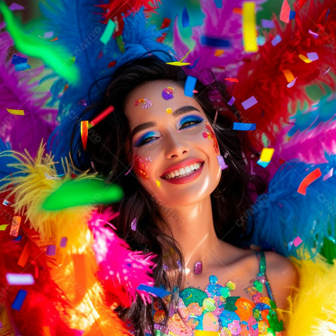 Mulher sorridente em festa com confetes coloridos