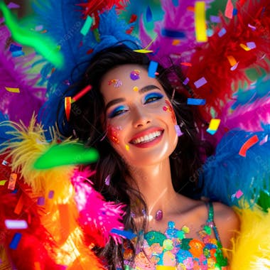 Mulher de cabelo preto com penas multicoloridas para carnaval 20