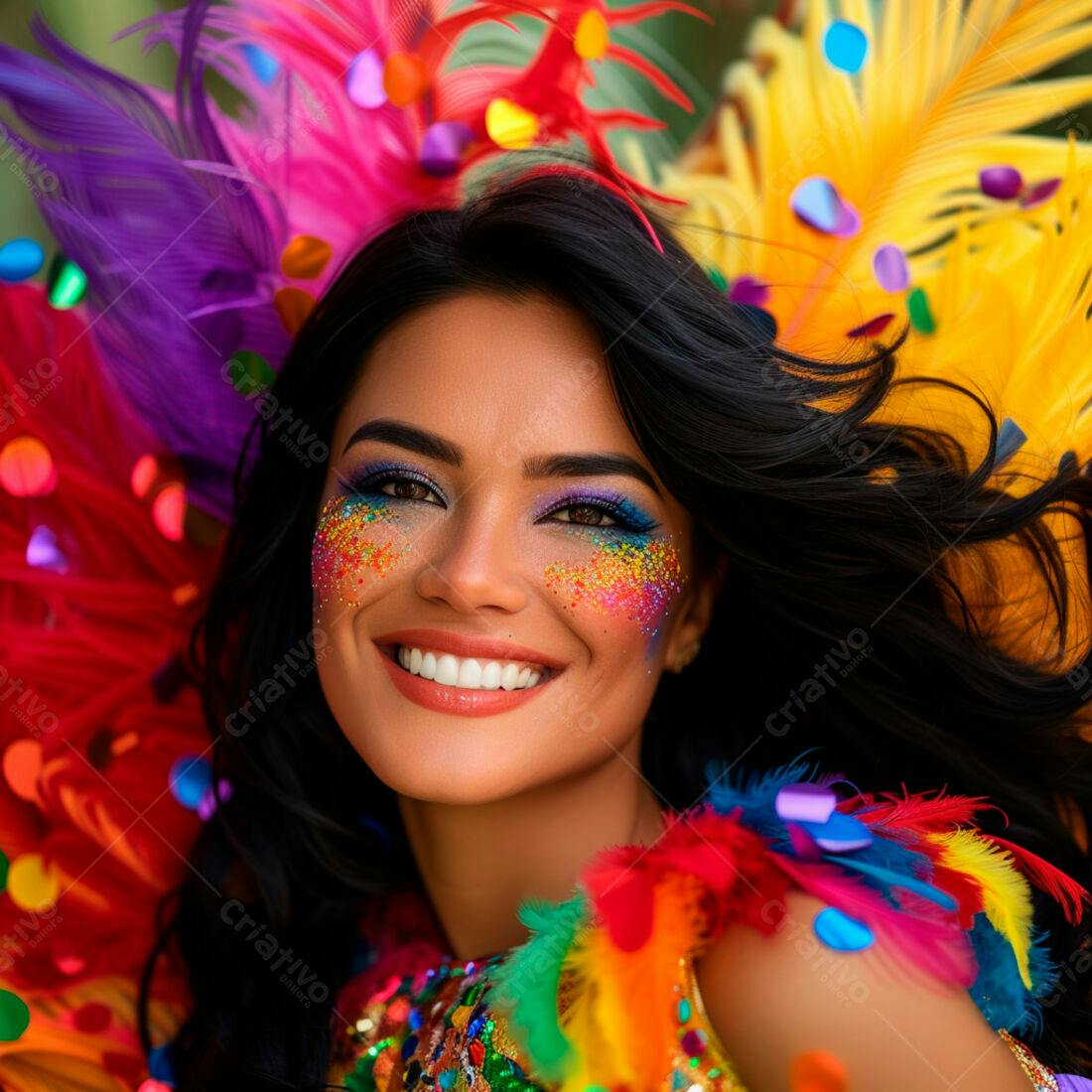 Mulher sorridente com maquiagem vibrante em carnaval