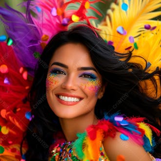 Mulher de cabelo preto com penas multicoloridas para carnaval 21