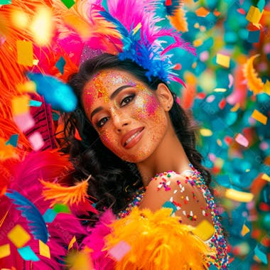 Mulher de cabelo preto com penas multicoloridas para carnaval 22