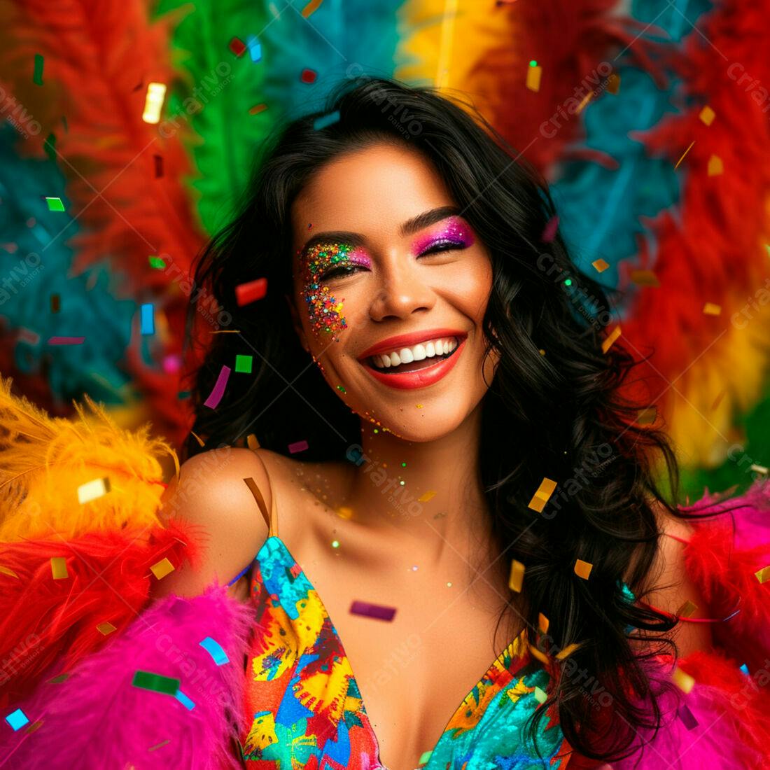 Mulher sorridente em festa com glitter e penas coloridas