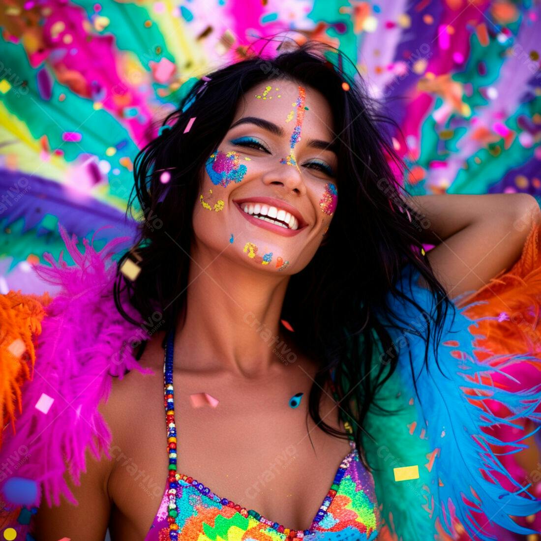Mulher sorridente em festa com glitter e confete