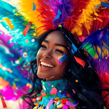 Mulher de cabelo preto com penas multicoloridas para carnaval 25