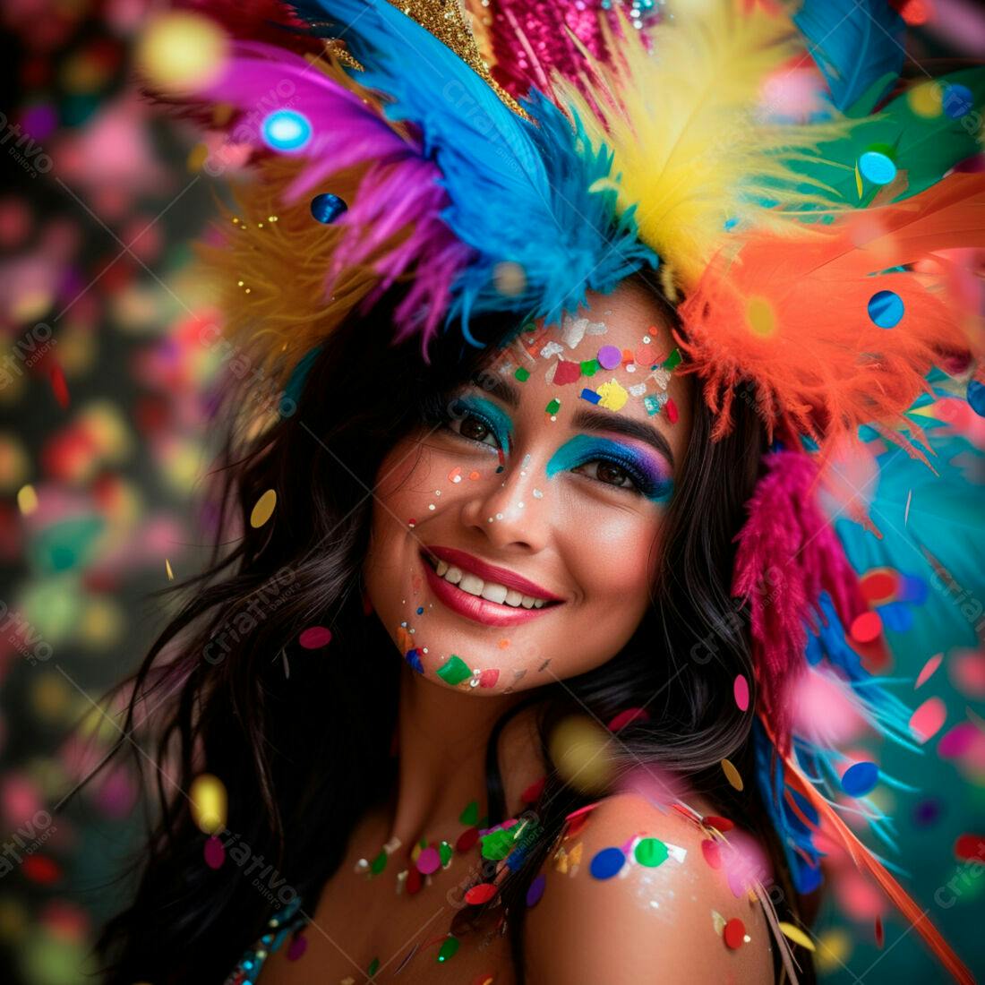 Mulher sorridente com maquiagem vibrante e fantasia de penas
