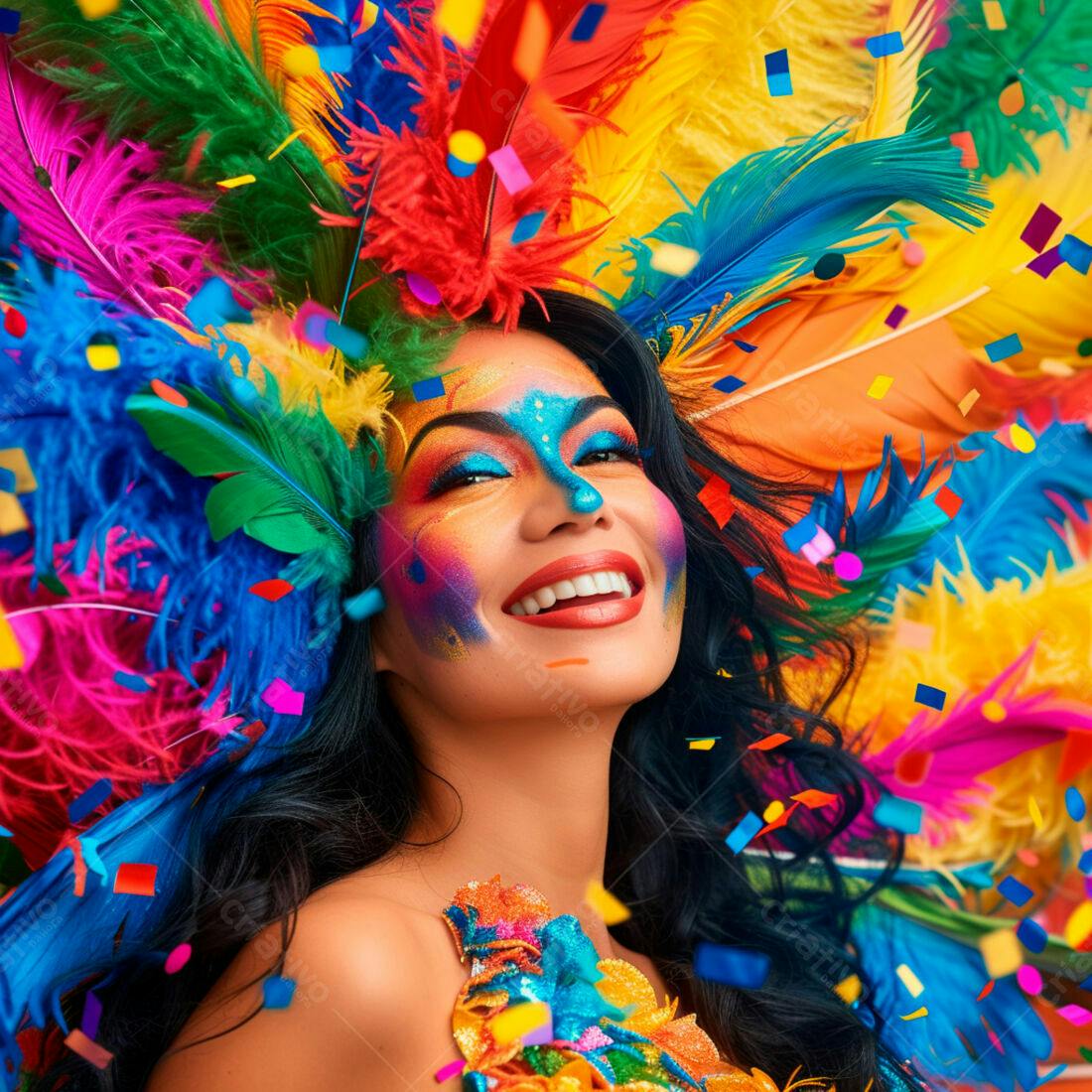 Mulher sorridente em Carnaval com penas coloridas