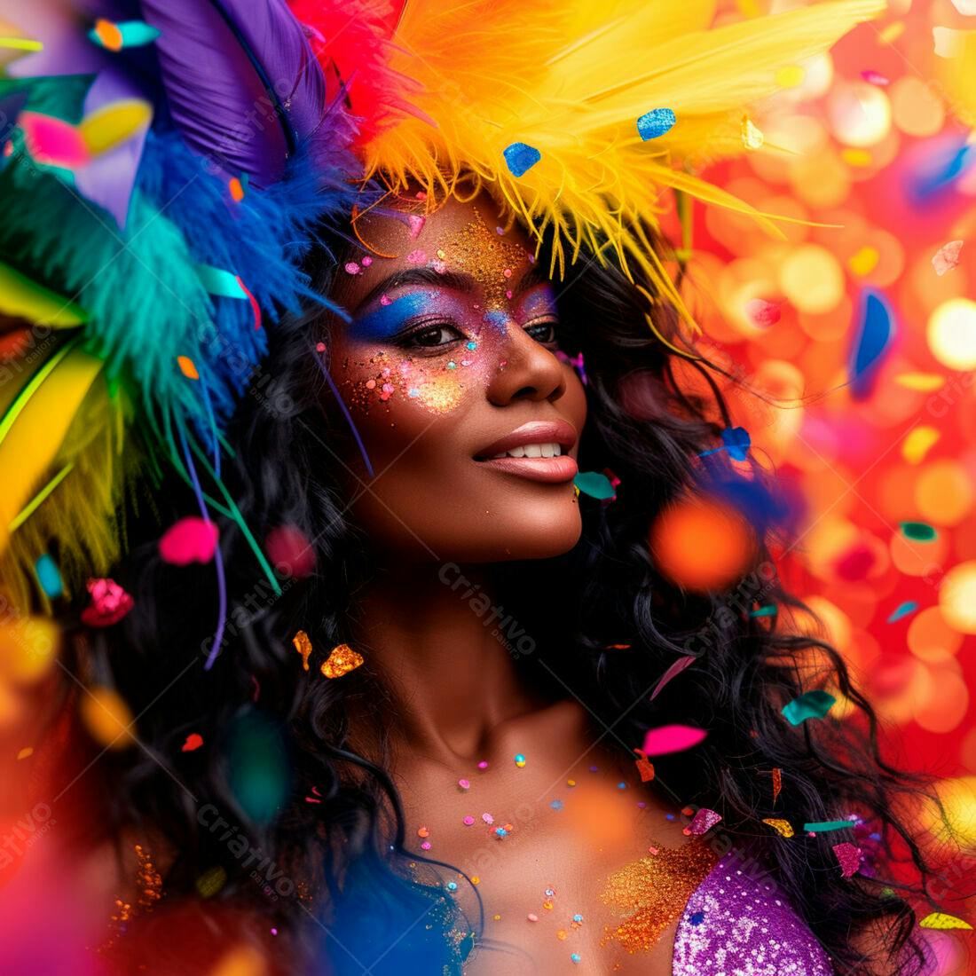 Mulher negra em carnaval com glitter e penas