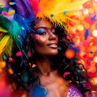 Mulher de cabelo preto com penas multicoloridas para carnaval 30