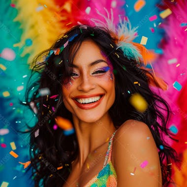 Mulher de cabelo preto com penas multicoloridas para carnaval 32