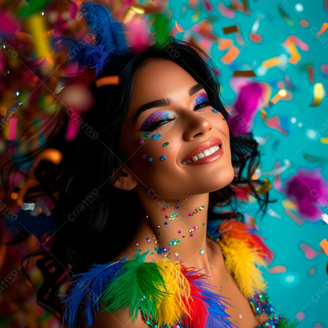 Mulher sorridente com glitter e penas no Carnaval