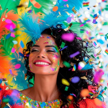 Mulher de cabelo preto com penas multicoloridas para carnaval 36