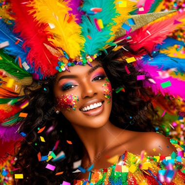 Mulher de cabelo preto com penas multicoloridas para carnaval 38