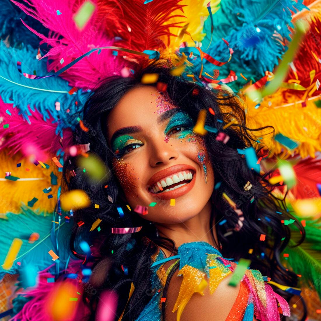 Mulher sorridente em Carnaval com glitter e penas