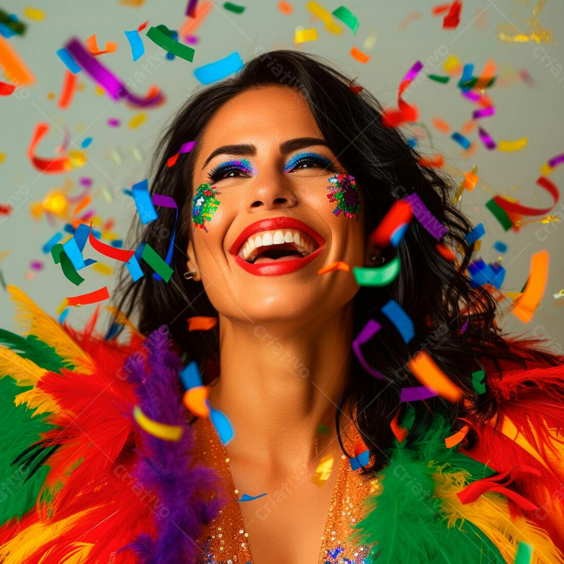 Mulher feliz em festa com confete e plumas
