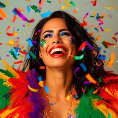 Mulher de cabelo preto com penas multicoloridas para carnaval 40